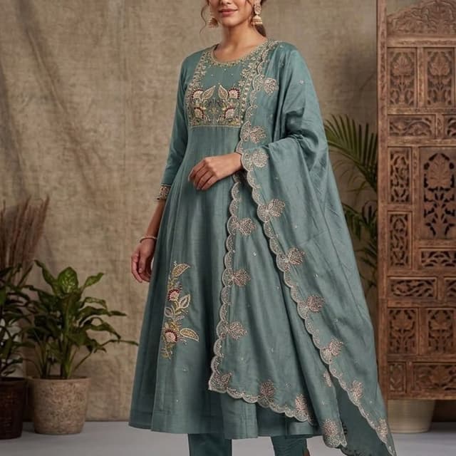 Sage Green, Dusty Teal, accents of Cream and Muted Pink in embroidery Anarkali Suit Set
