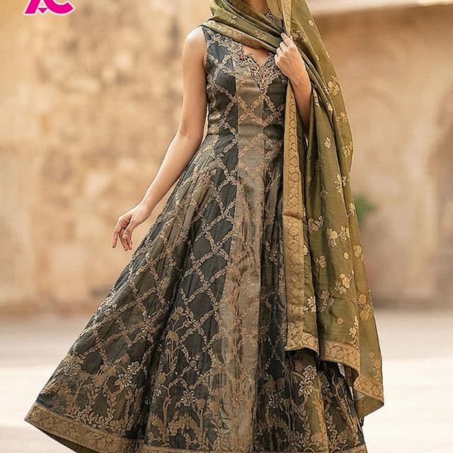 Olive green, charcoal grey, and metallic gold Anarkali Suit with Palazzo
