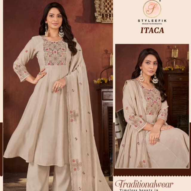 Beige base with multi-colored floral embroidery in shades of pink, green, and yellow Salwar Kameez set with dupatta