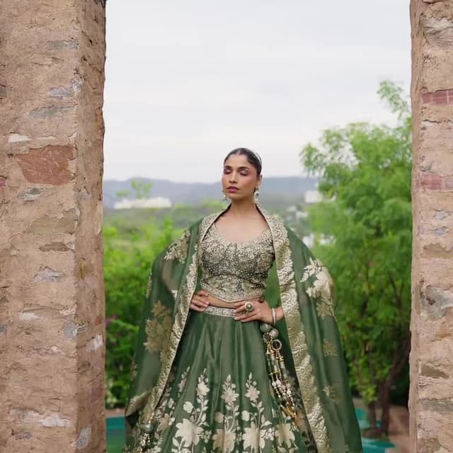 Deep forest green and gold Lehenga Choli