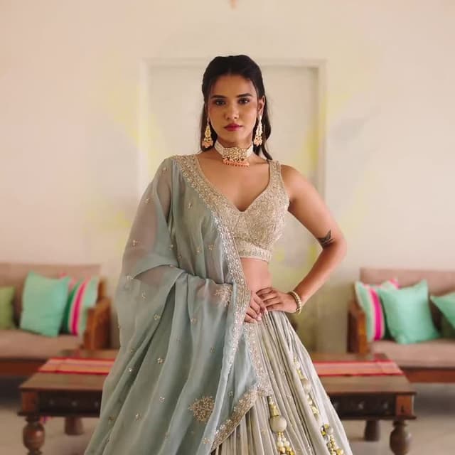 Sage green, champagne gold, off-white Lehenga Choli