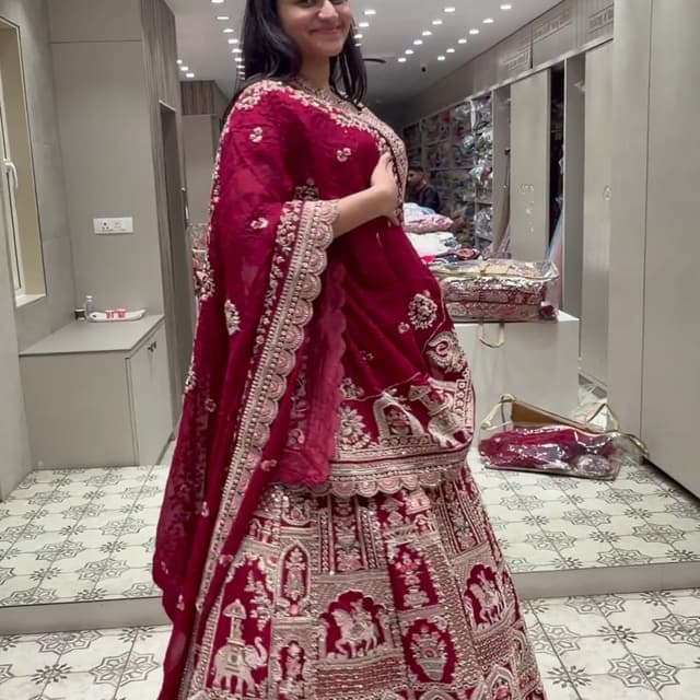 Deep maroon or crimson with metallic gold and cream accents Lehenga Choli
