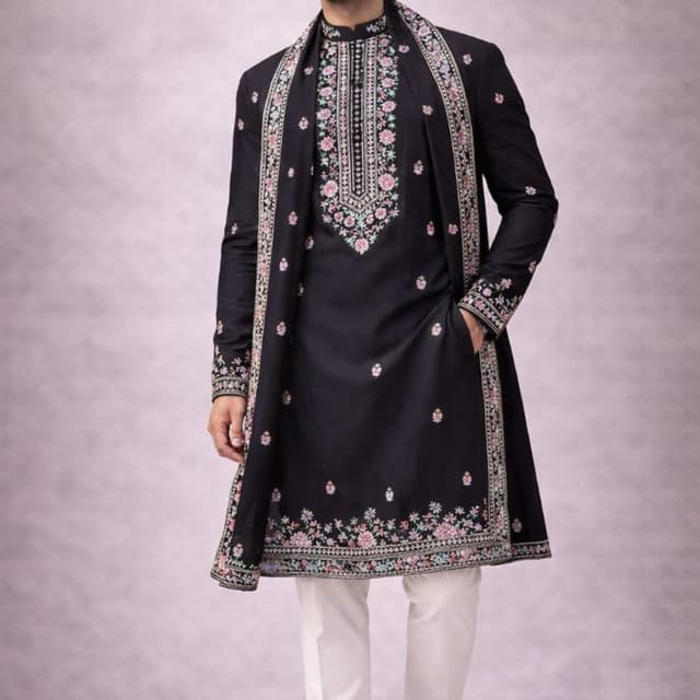 Black base with pastel pink, light blue, and sage green embroidery Kurta Set with Shawl