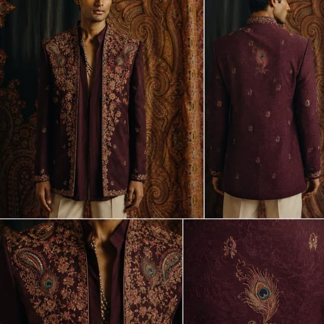 Deep maroon or burgundy base with multi-colored peacock-inspired embroidery Sherwani jacket