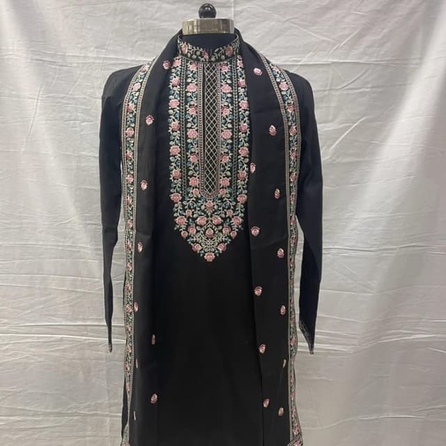 Black base with floral embroidery in pastel pink and teal green Kurta with Stole