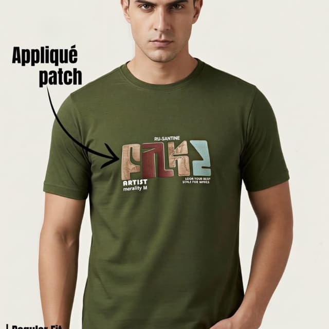 Olive green base with tan, maroon, and light blue in the graphic T-shirt