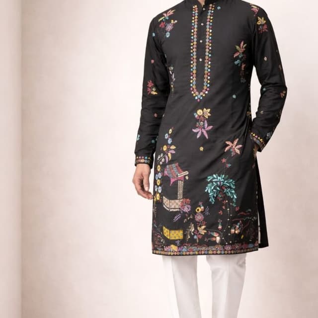 Black base with multi-colored thread embroidery including red, yellow, blue, green, and pink Kurta