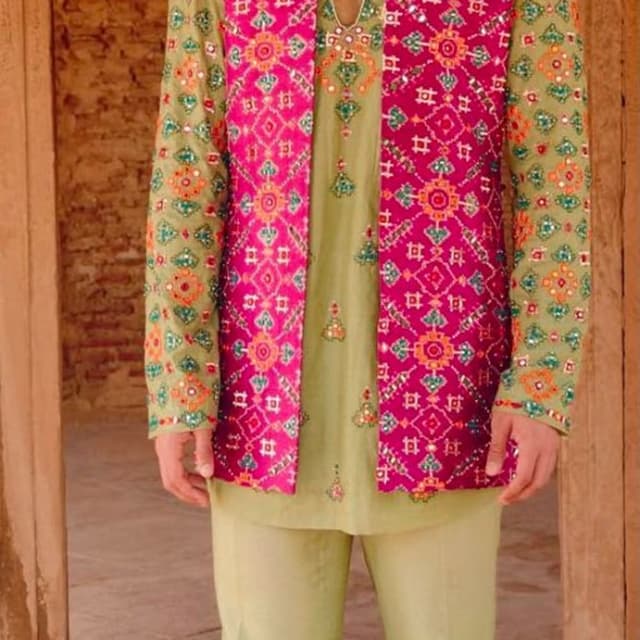 Sage green, vibrant magenta, orange, and metallic accents Kurta Set with Nehru Jacket