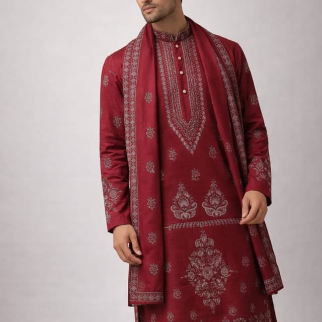 Deep maroon and muted grey/silver Kurta with stole