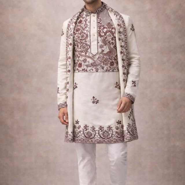 Off-white or cream base with deep maroon or burgundy embroidery Kurta with Jacket