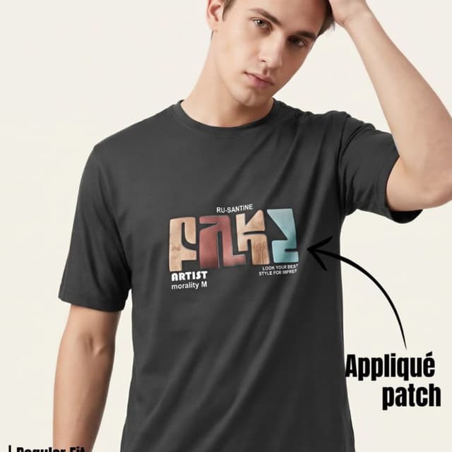Charcoal grey base with multi-colored graphic (tan, brown, light blue) T-shirt