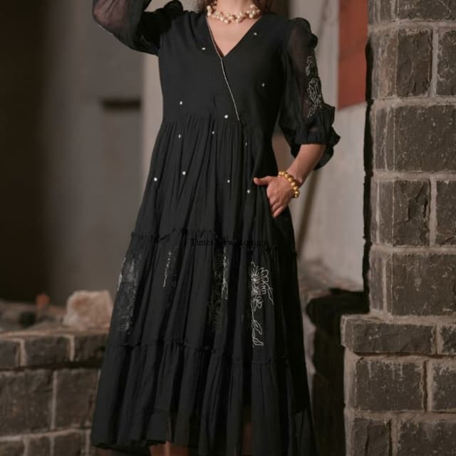 Black with white embroidery and pearl accents Dress