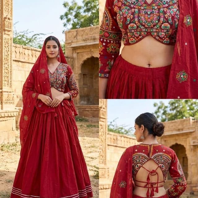 Deep Red, Multicolored embroidery Lehenga Choli