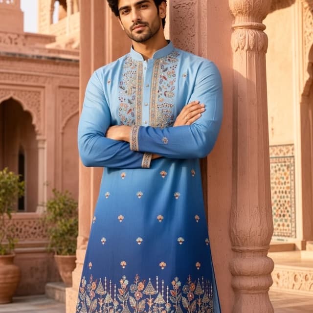 Ombre gradient from light sky blue to deep royal blue Kurta