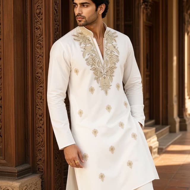 Off-white base with gold thread embroidery Kurta