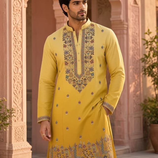 Mustard Yellow base with multi-colored embroidery in shades of blue, sage green, and earthy rust Kurta