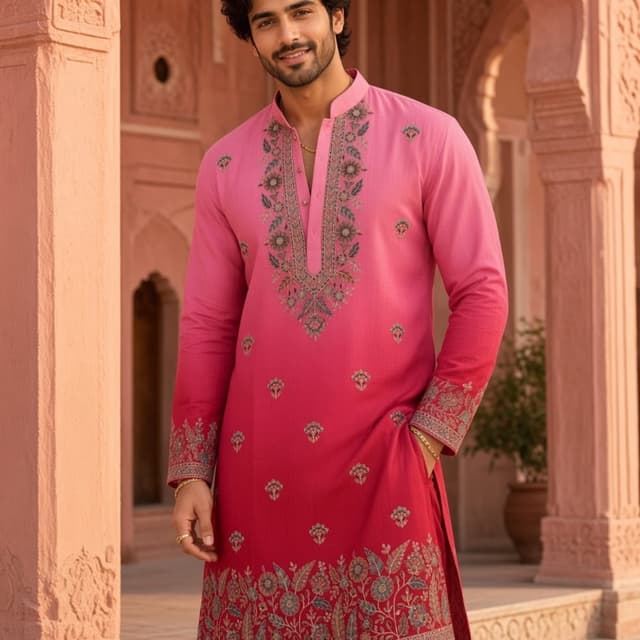 Ombre gradient ranging from light pink to deep magenta/dark pink Kurta