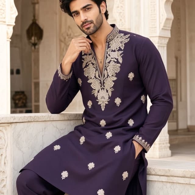 Deep Purple, Silver/Grey embroidery Kurta