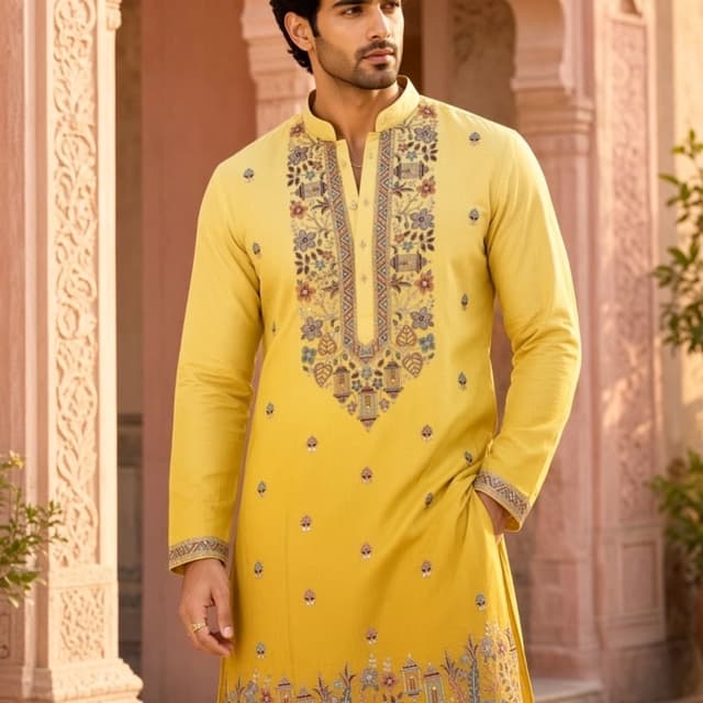 Vibrant Mustard Yellow base with multi-colored embroidery in shades of green, rust, blue, and cream Kurta