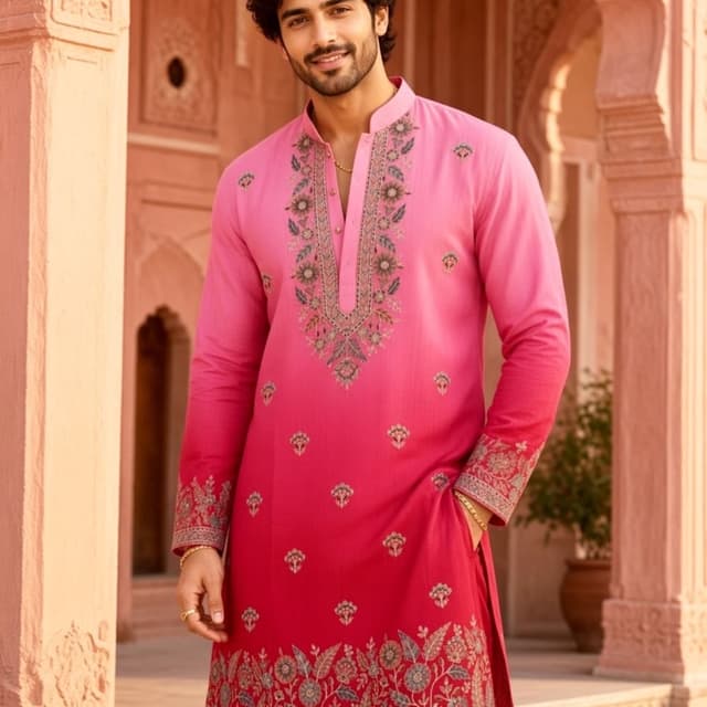 Ombre pink transitioning from light pink at the top to deep magenta at the bottom with grey and muted green embroidery details. Kurta