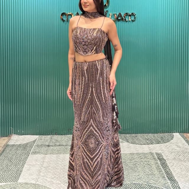 Deep brown, bronze, and champagne gold metallic accents Lehenga Choli