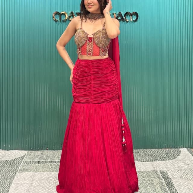 Monochromatic Deep Red Lehenga Choli with attached drape