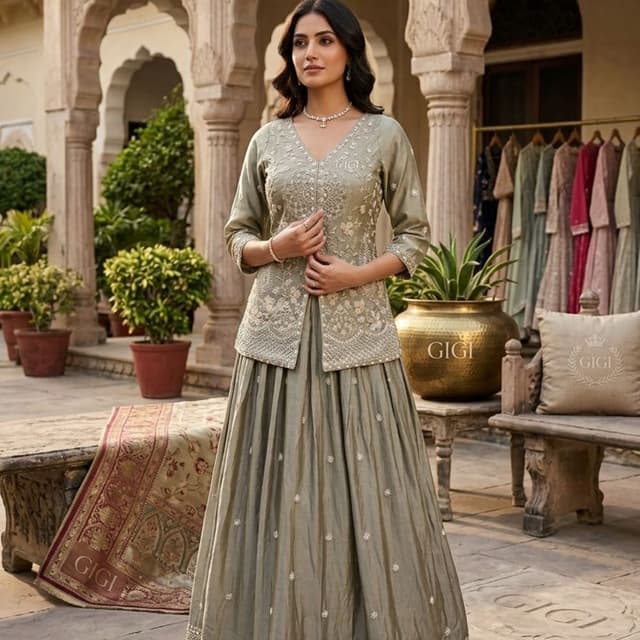 Sage green, muted olive Lehenga Choli with Jacket