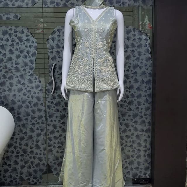 Sage Green and Metallic Silver Peplum top and wide-leg pant set