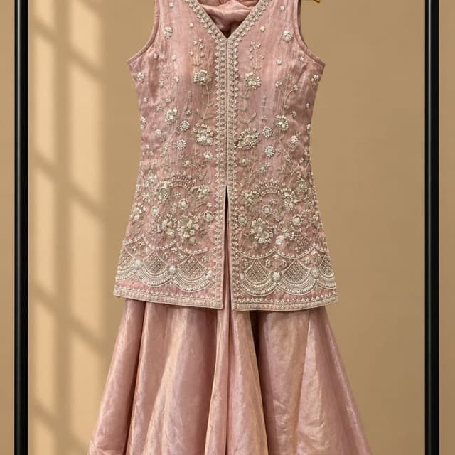 Dusty Rose Pink, Silver/Off-white accents Sharara Set