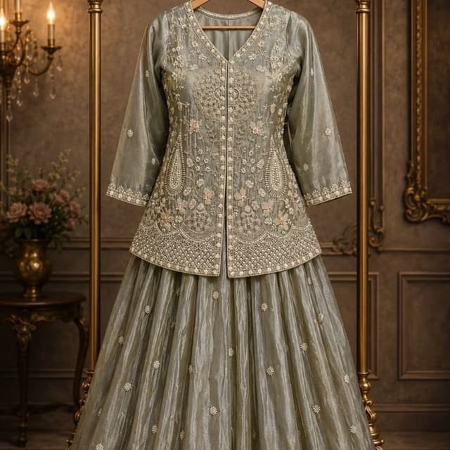 Sage green, muted olive, champagne gold accents Lehenga Choli with long jacket