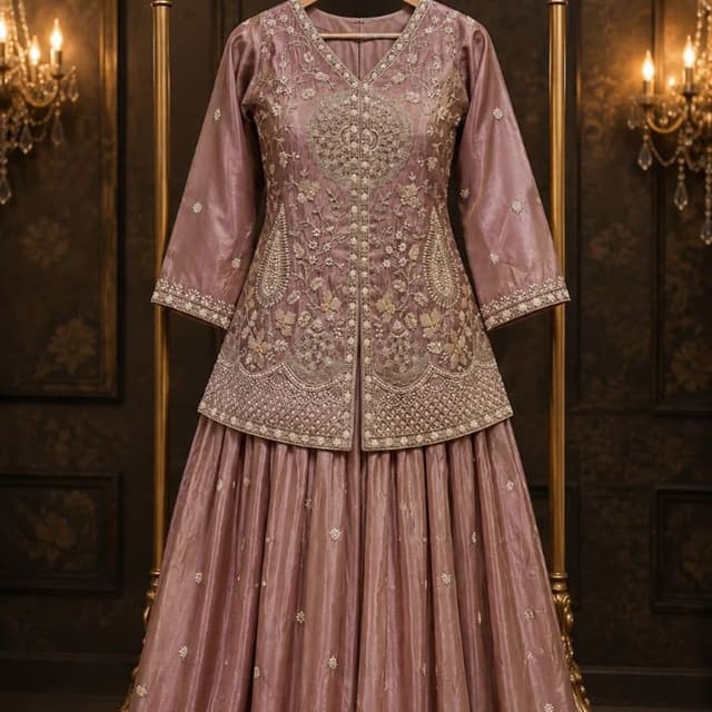 Mauve, Dusty Rose, Champagne Gold Lehenga Choli with Jacket