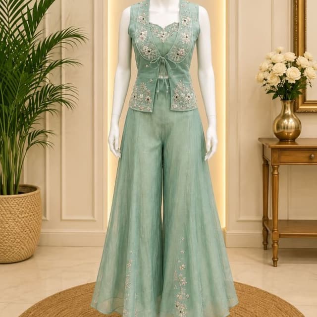 Sage Green, Mint, White, Silver Co-ord Set (Jacket with crop top and wide-leg palazzo pants)