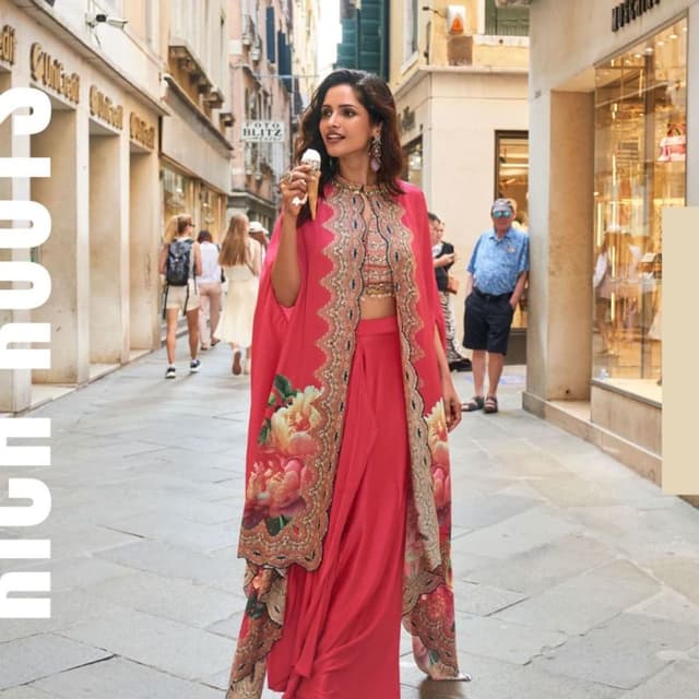 Hot Pink, Multicolored floral tones, Gold accents Lehenga Set with Cape