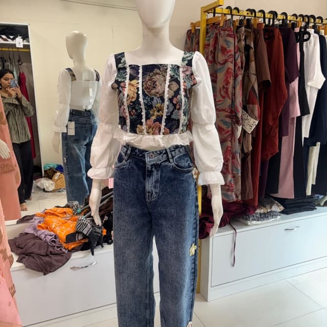 Multicolor floral tapestry print on dark navy background, white sleeves, blue acid wash denim Crop top and jeans set