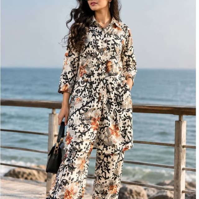 Off-white base with black and muted orange floral print Co-ord set