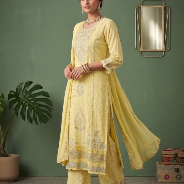 Pastel yellow with multi-colored thread embroidery Salwar Kameez