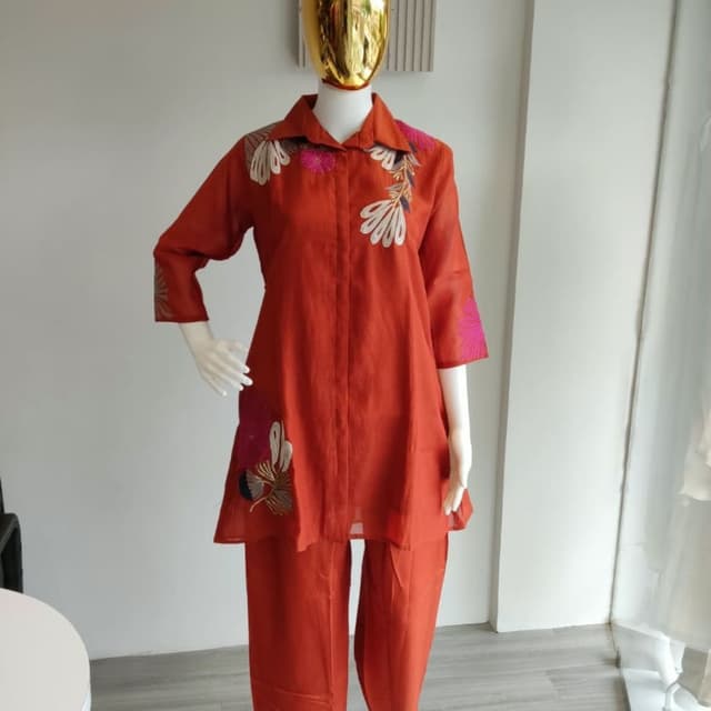 Rust Orange base with pink, cream, and olive green embroidery accents Co-ord Set