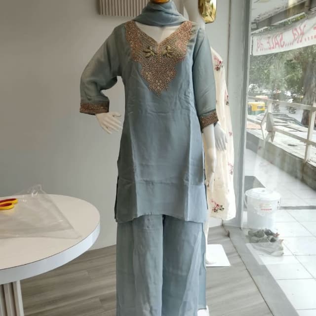 Dusty blue or slate grey with metallic copper-toned embroidery Kurta Set with Palazzo and Dupatta