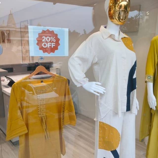 Off-white, mustard yellow, and navy blue Co-ord set (Shirt and Wide-leg trousers)