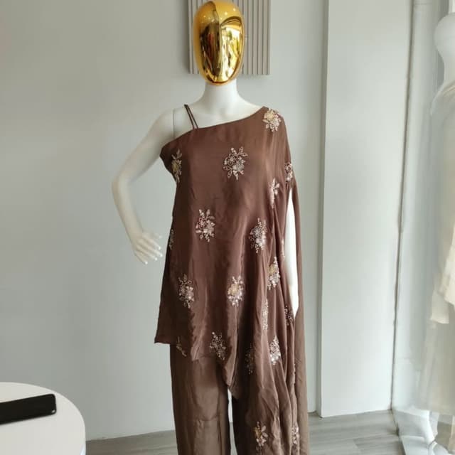 Solid brown base with silver and champagne floral embroidery Co-ord set with dupatta drape