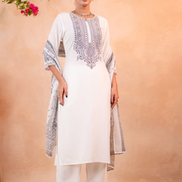 White and Grey Kurta Set with Dupatta