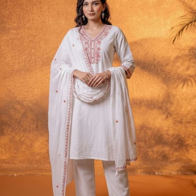 White base with pink embroidery Salwar Kameez Set