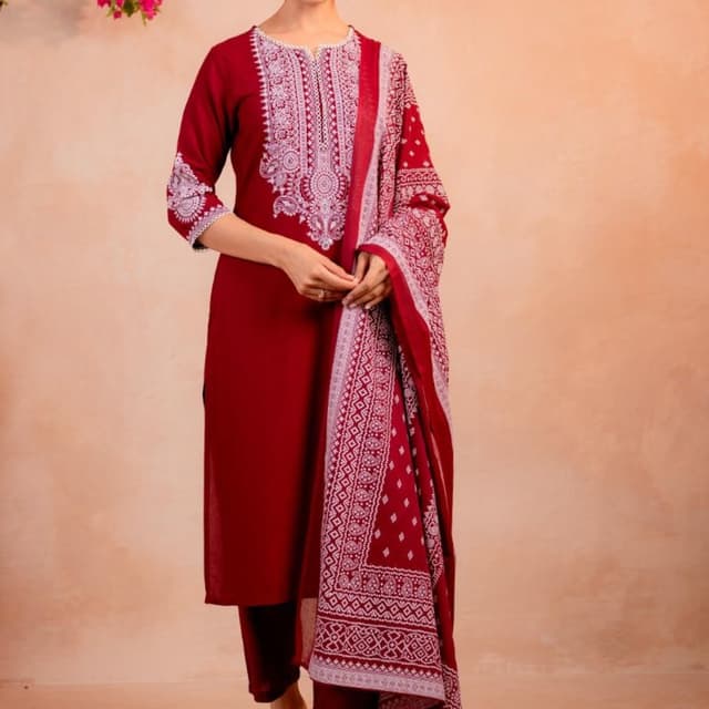 Deep maroon or wine red with white embroidery and print Kurta Set with Dupatta