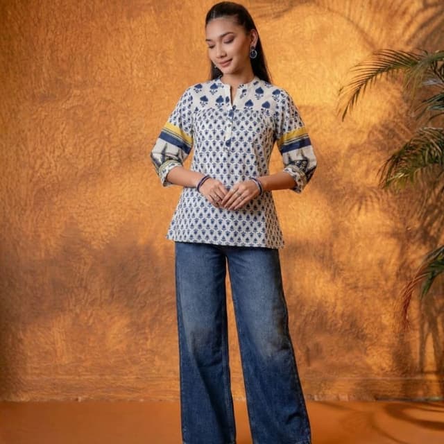 Off-white base with deep blue block prints and yellow accents Kurti