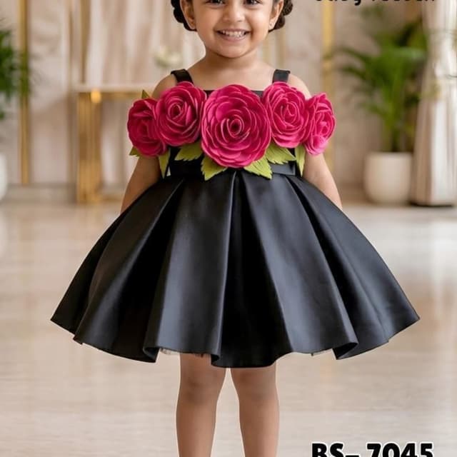 Black base with vibrant pink roses and light green leaves Dress