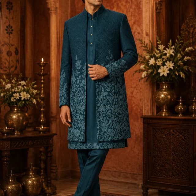 Teal, Deep Blue, Light Blue Indo-Western Sherwani Set