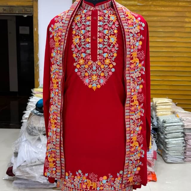 Vibrant Red base with multi-colored embroidery in yellow, orange, blue, pink, and green Kurta with Stole