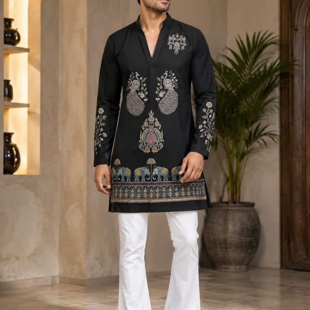 Black base with multi-colored embroidery (blue, pink, gold, green) Kurta