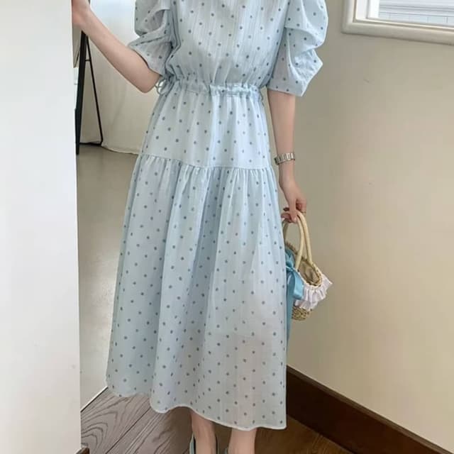Light baby blue background with darker blue polka dots Midi Dress