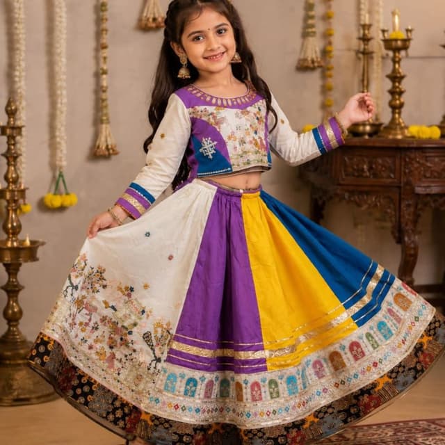 Purple, Yellow, Blue, White, and Multi-colored accents Lehenga Choli